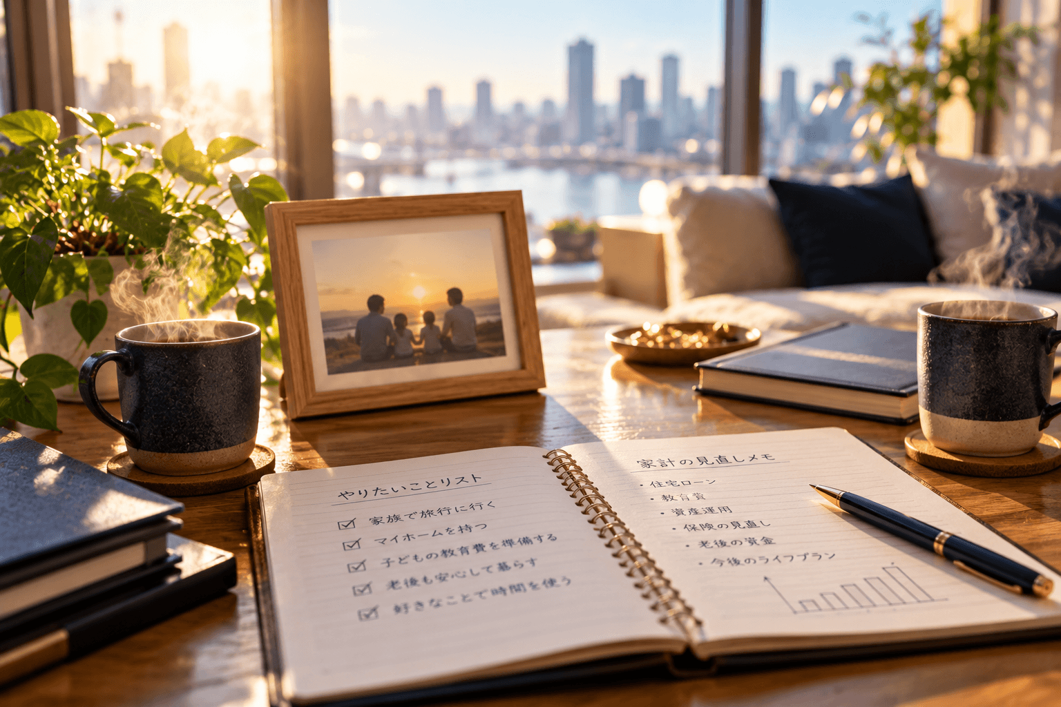家族の将来の目標をまとめたノートと写真立て