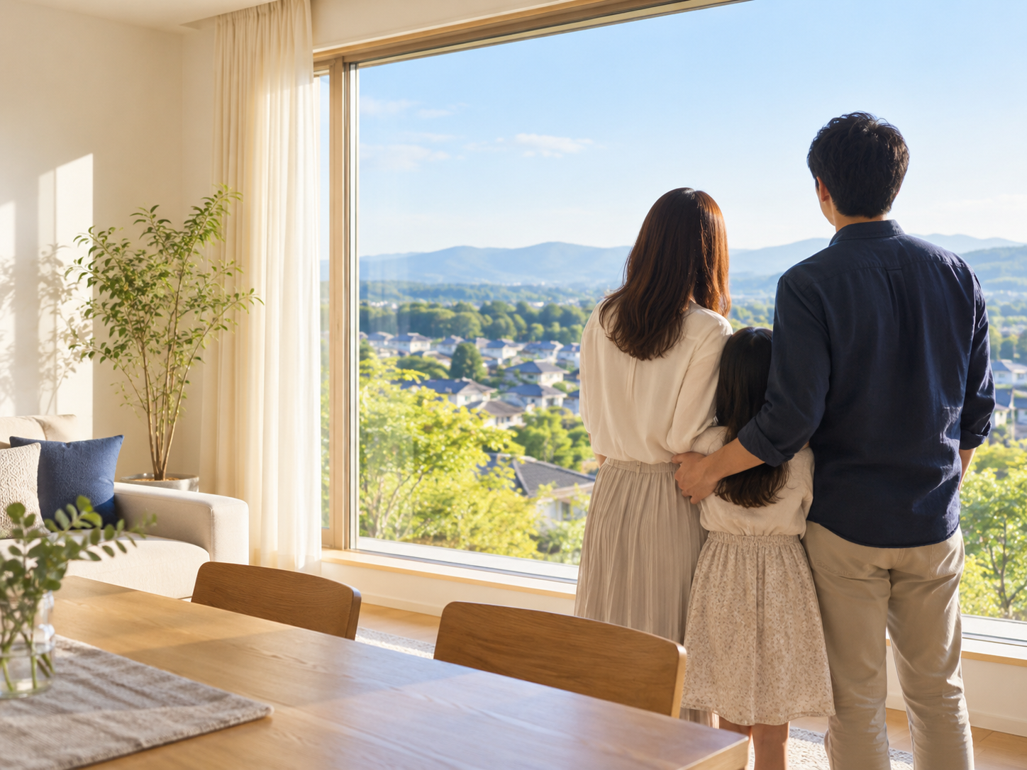 明るいリビングの窓から、街並みと山なみを眺める家族の後ろ姿