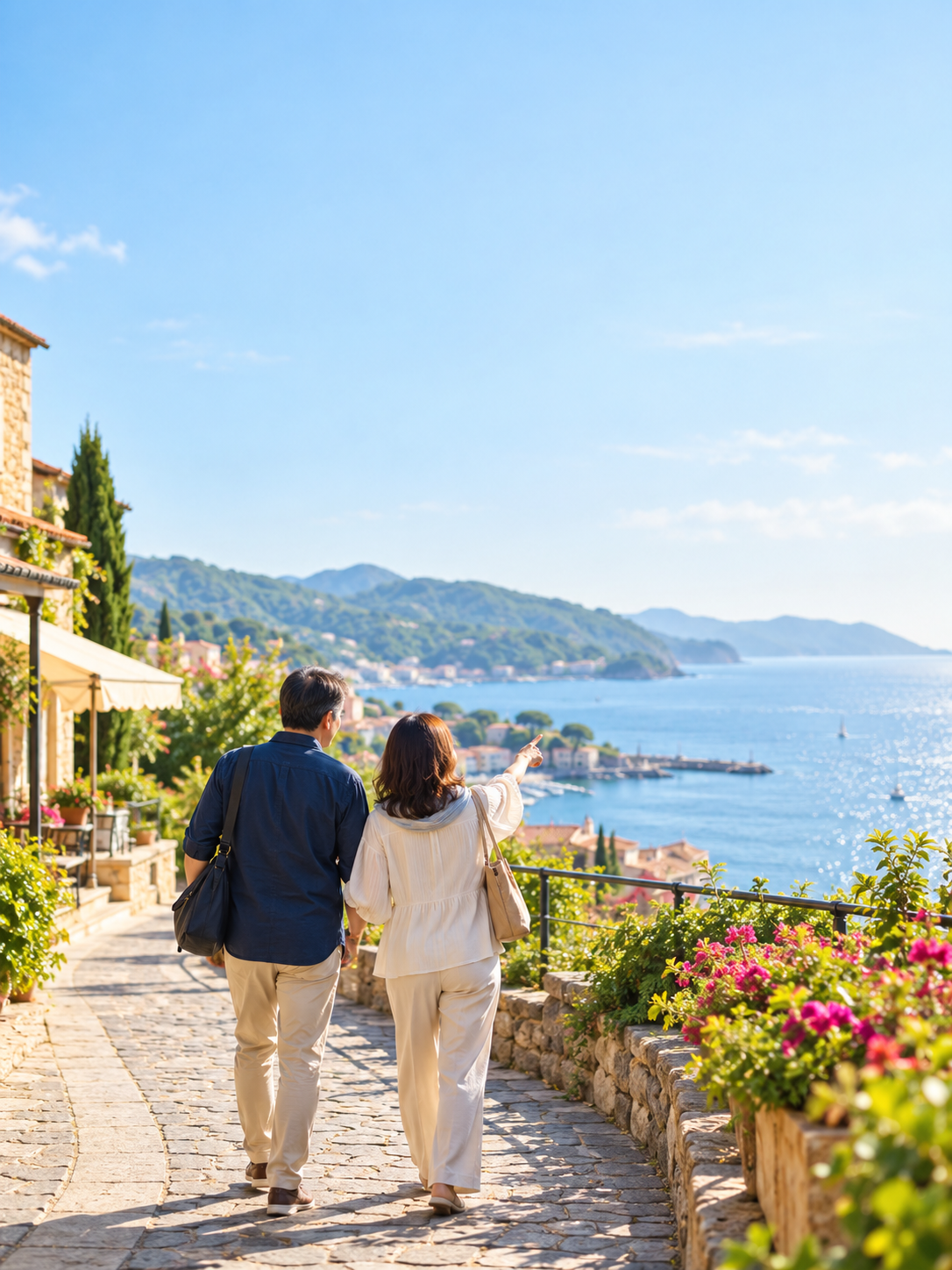 海辺の街を歩きながら景色を指さす夫婦の後ろ姿。退職後の新しい人生のイメージ
