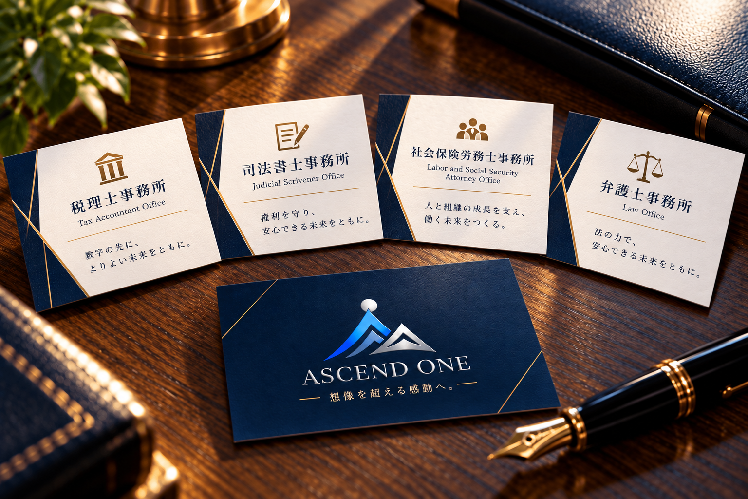 税理士・司法書士・社労士・弁護士の事務所の名刺と、ASCEND ONEの名刺が並ぶ様子